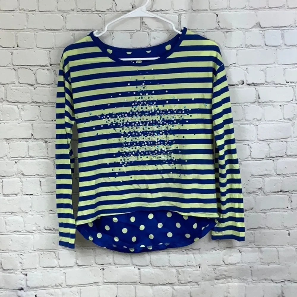 Justice Girls 14 Blue Stripe Yellow Polka Dot Glitter Star Chiffon Tee Knit Top